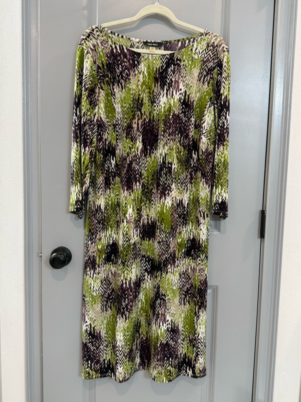 Nine West Olive, Black & White Abstract Chevron Midi Dress